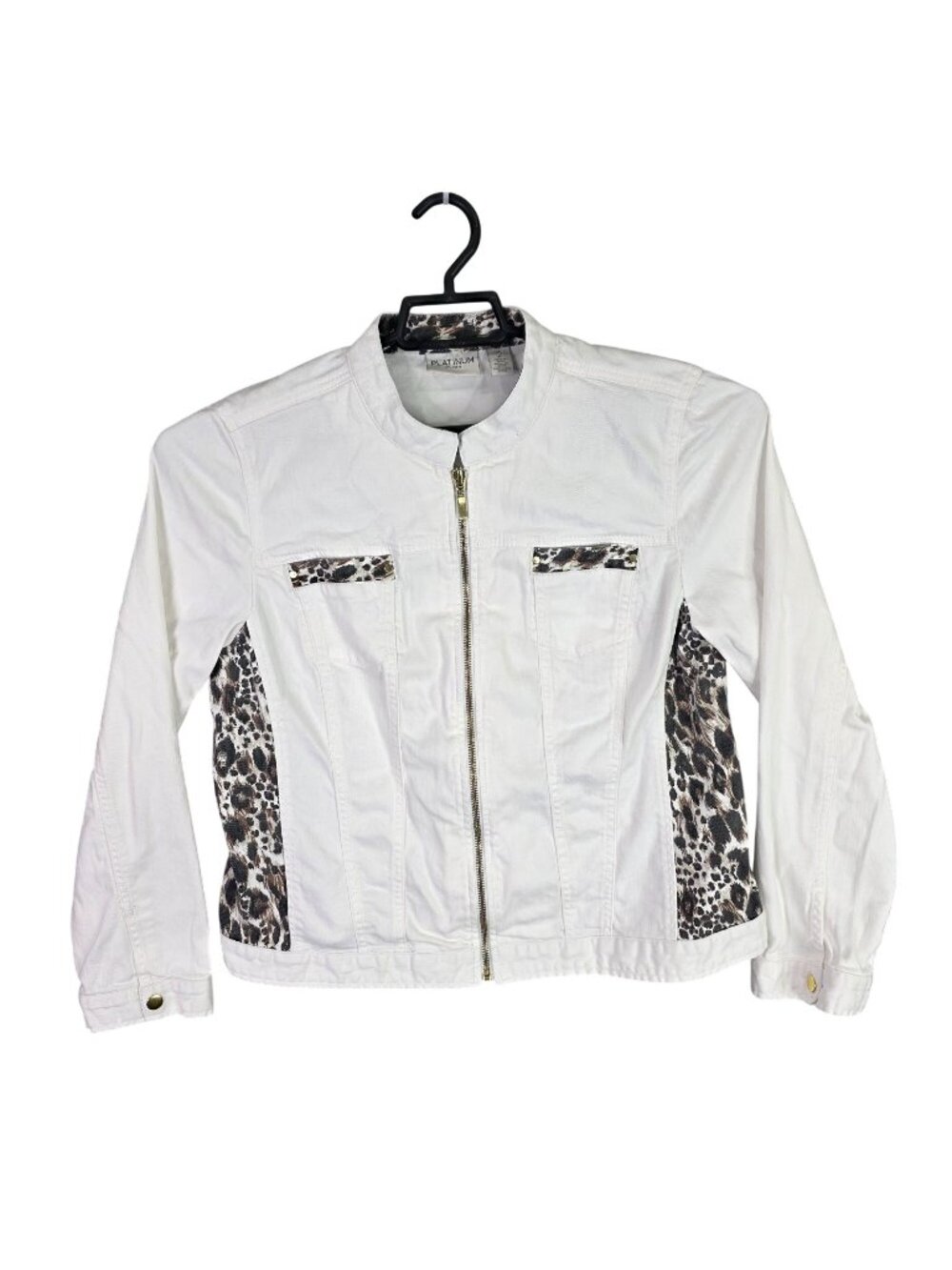 Womens Chicos Platinum White Denim Jacket Leopard Print Panels Full Zip Size 2